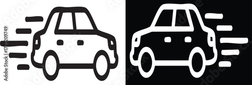 Cars moving quickly on a road, shown in black and white, representing speed and transportation in a simple, modern style.
