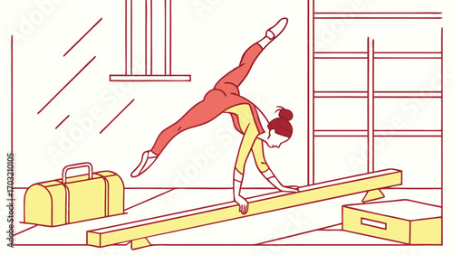 Female Gymnast Performing Handstand on Balance Beam.