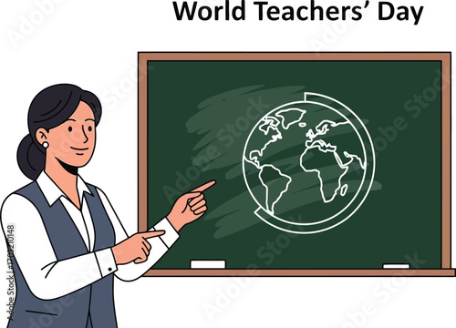 A teacher is teaching about the world on World Teachers' Day she is pointing to the world map