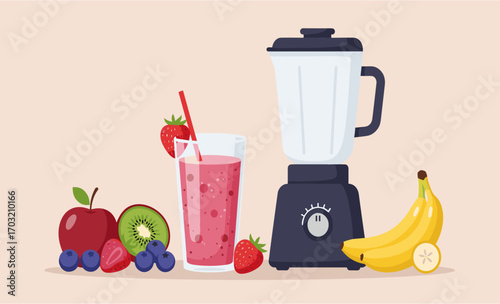 Refreshing strawberry smoothie in a glass with fresh fruits like apple, kiwi, blueberries, and a blender on a light background, promoting healthy eating.