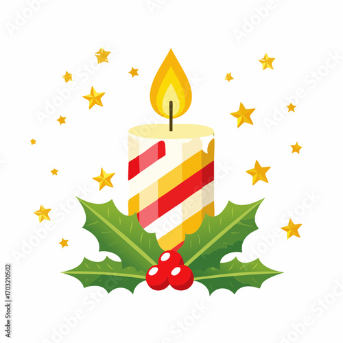 Vector illustration of a burning Christmas candle with a small flame, decorated with holly leaves, flat style