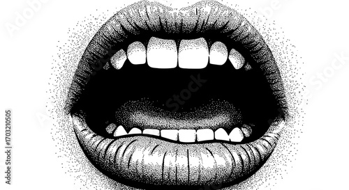 Expressive Open Mouth Illustration with Detailed Stippling Technique on White