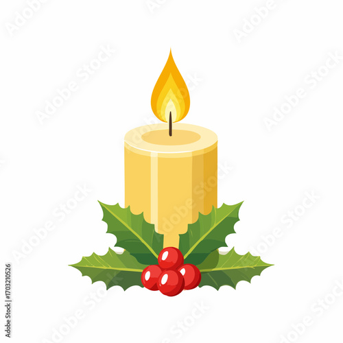 Vector illustration of a burning Christmas candle with a small flame, decorated with holly leaves, flat style