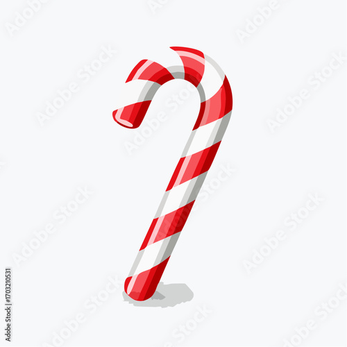 Vector illustration of striped red and white candy cane, isolated on white background, clean vector art