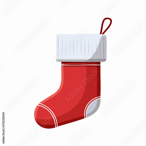 Vector illustration of a classic red Christmas stocking with white trim, flat style, isolated