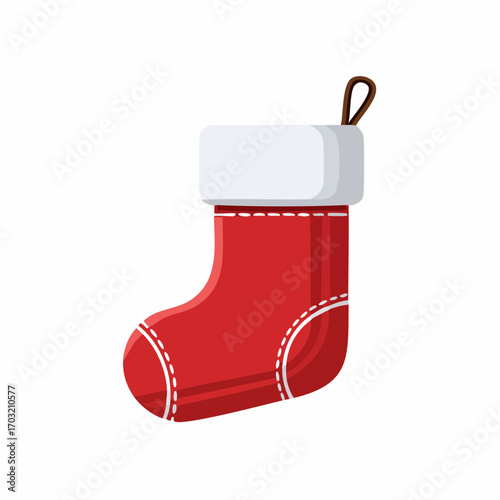Vector illustration of a classic red Christmas stocking with white trim, flat style, isolated