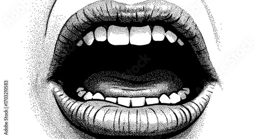 Dramatic stippled illustration of open mouth with visible teeth and tongue