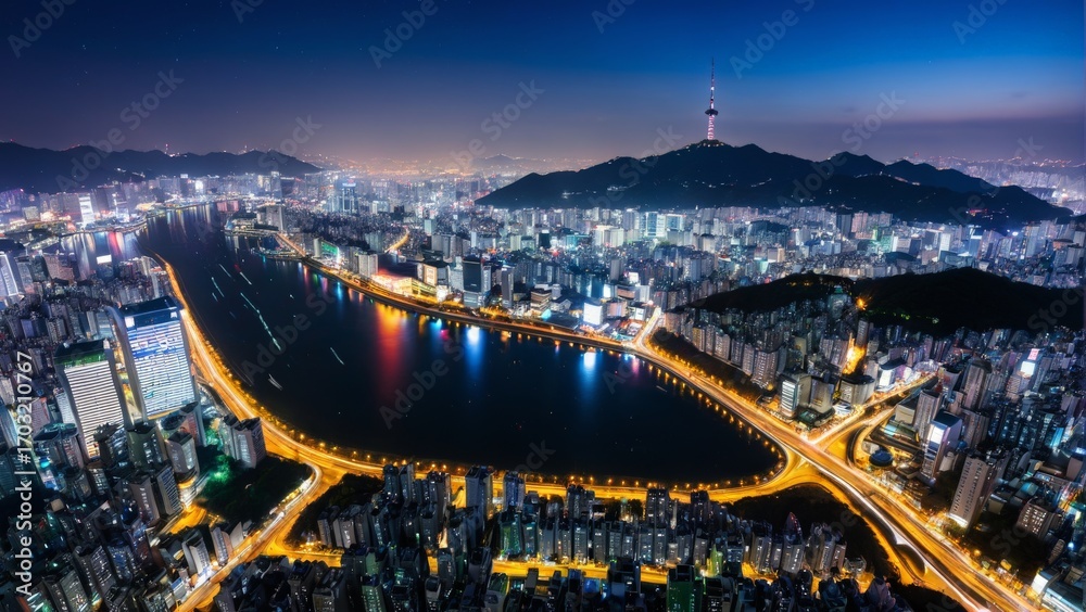 Naklejka premium 夜, シティ, 都市景観, 風景, 建築, 景色, 空, 夕焼け, 全景, タウンズ, アーバン, 光, 地平線, ビル, 旅行, 夜