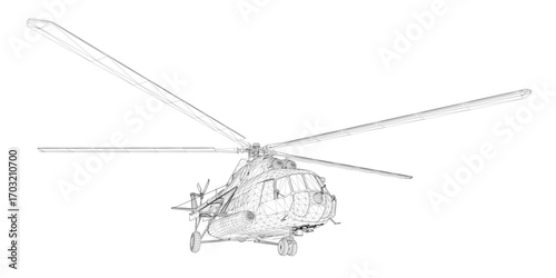 Military helicopter wireframe model with intricate rotor blades, cockpit, and landing gear in light blue with white stripe on bright white background.