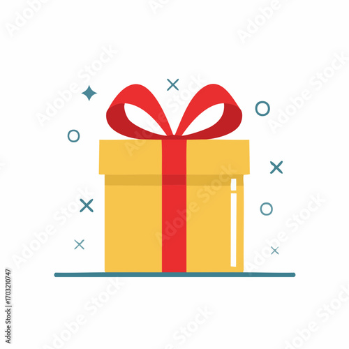 Vector illustration of a gift box wrapped with red ribbon and bow, minimal flat design, isolated