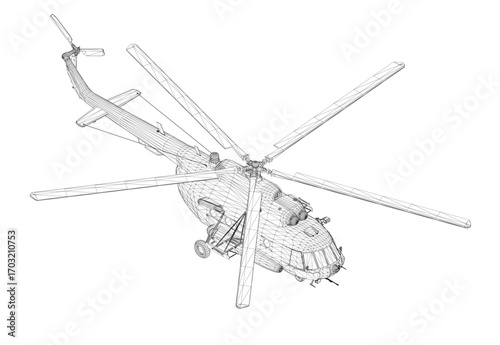 Military helicopter blueprint in detailed 3D wireframe model on white background, showcasing rotor system, fuselage structure, and landing gear components. Isometric view. 3D