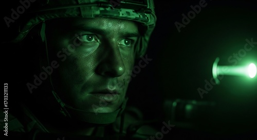 Wallpaper Mural Intense soldier on night mission with night vision. Perfect for military themed campaign, Veteran's Day promotions, Memorial Day banners, security service ads, and defense technology. Torontodigital.ca