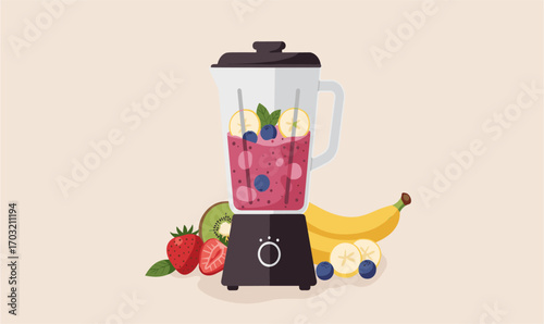 A stylish blender filled with a vibrant berry smoothie, surrounded by fresh strawberries, blueberries, and bananas, depicted in a clean, modern flat illustration.