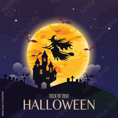 Halloween night with a full moon, castle, and dragon silhouette