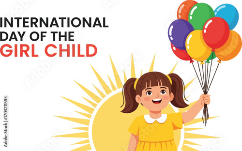 Happy international day of the girl child with cute girl holding colorful balloons