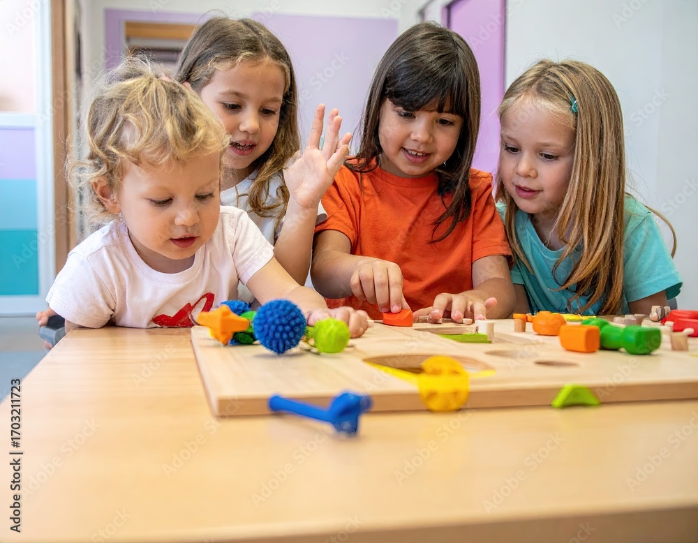 Fototapeta premium Preschool Children Engaging in Collaborative Play with Sensory Toys