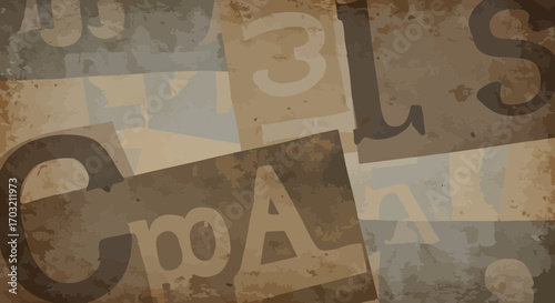 Grunge textured background featuring vintage newspaper fragments and abstract typography