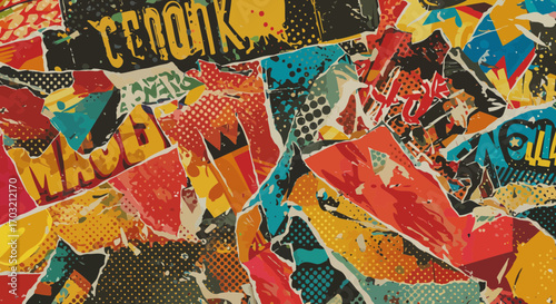 Dynamic Collage of Ripped Posters and Graffiti Art, Bold and Colorful Abstract
