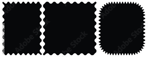 Round and Rectangle shape frame with zigzag edge. Rectangular jagged curved box element. Geometric zig zag wavy stickers. Wiggly undalute square badge, ate poster, banner, social media template. eps10