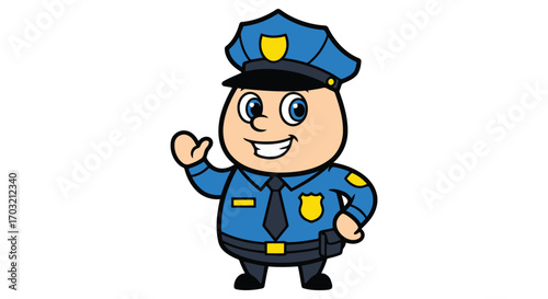 Friendly cartoon police officer waving hello with a smile