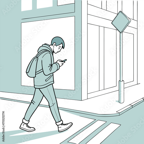 Person walking and using smartphone.