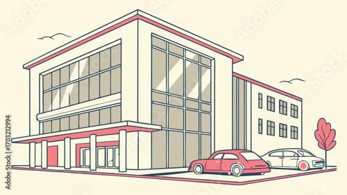 Hand drawn illustration of a modern office building with cars parked outside.