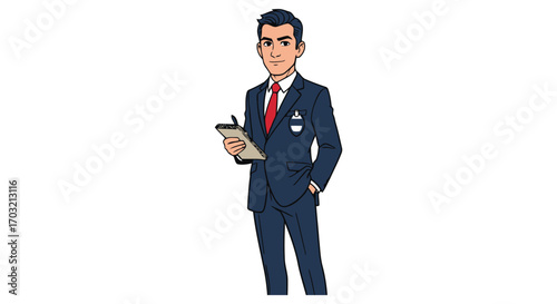 Cartoon businessman in suit holding clipboard and coffee cup