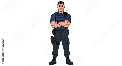 Security guard standing confidently with arms crossed