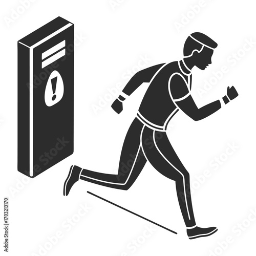 Man running away from a warning sign icon.