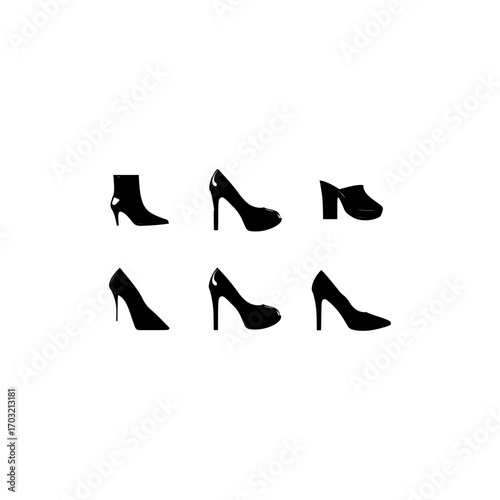High heel shoes silhouettes icon, High heel simple black flat style, High heels icon silhouette on white background. 