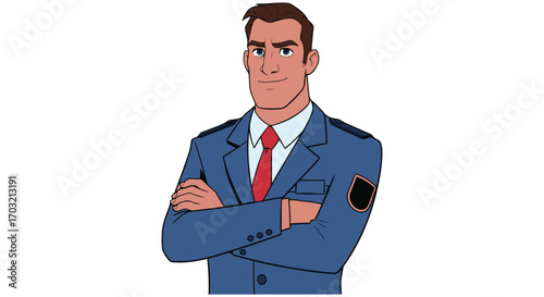 Serious man in blue suit with red tie and armband