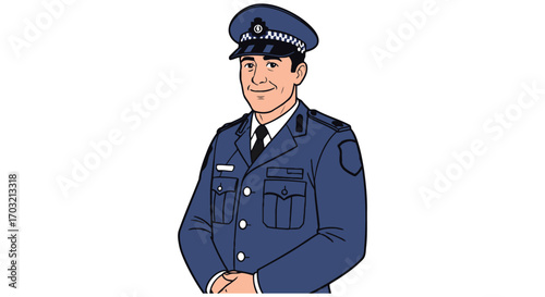 Cartoon police officer in uniform with a hat and tie