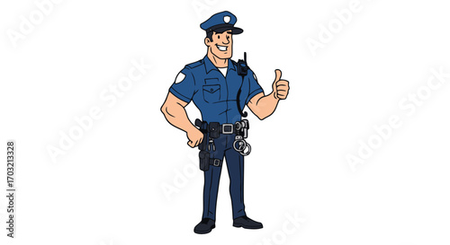 Cartoon police officer in uniform with radio and thumb up