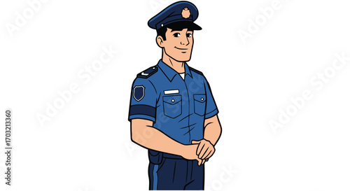 Cartoon police officer in uniform standing with hands clasped