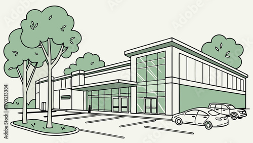 Modern Commercial Building Facade with Parking Lot and Trees.