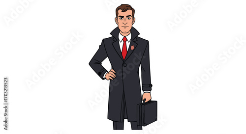 Sharp dressed man in trench coat holding briefcase ready for business