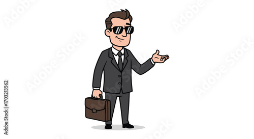 Confident businessman in suit holding briefcase and gesturing with hand