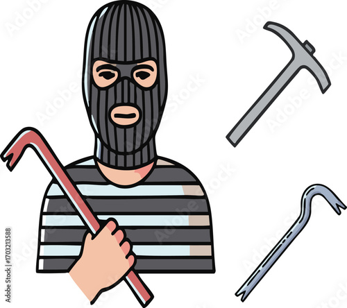 Burglar wearing a ski mask holding a crowbar stands next to a pickaxe and another crowbar, symbolizing crime and theft in a dangerous situation.
