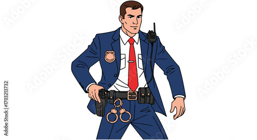 Serious police officer in uniform with duty belt and radio