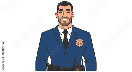 Smiling male police officer in uniform with badge and duty belt
