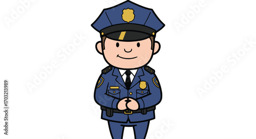 Friendly cartoon police officer standing ready to serve and protect