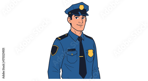 Smiling police officer in uniform with badge and tie