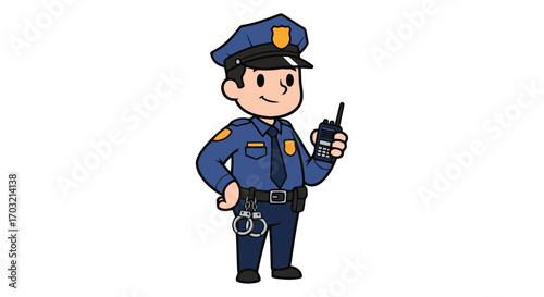 Cartoon police officer standing holding a radio and handcuffs