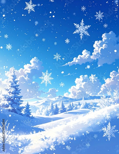 Winter landscape with falling snow