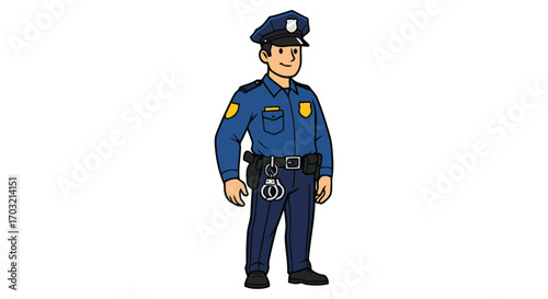 Cartoon police officer standing proudly in uniform with badge and hat