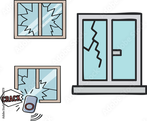 Broken windows showing damage and security alarm activation after a breakin, representing vulnerability and the need for home protection.