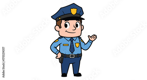 Friendly cartoon police officer waving hello with a smile