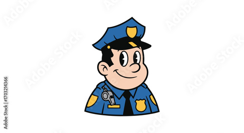 Friendly cartoon police officer with badge and hat