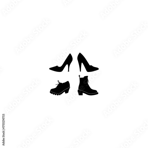 Silhouette collection of various footwear styles: loafers, boots, sandals, heels 