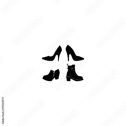 Silhouette collection of various footwear styles: loafers, boots, sandals, heels 